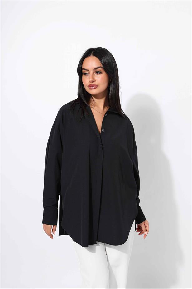 Women's Hidden Button Shirt Black - STREETMODE™