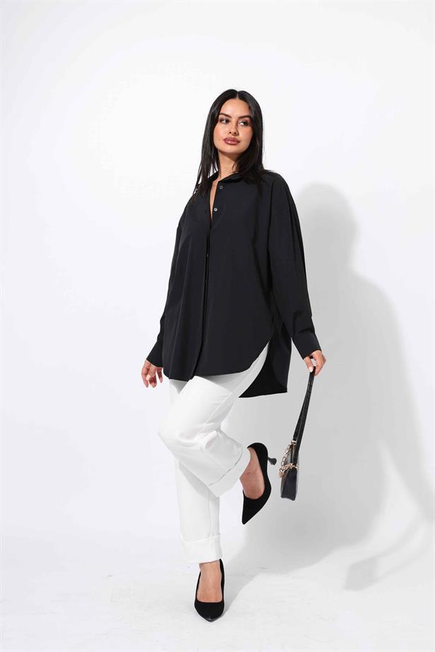 Women's Hidden Button Shirt Black - STREETMODE™