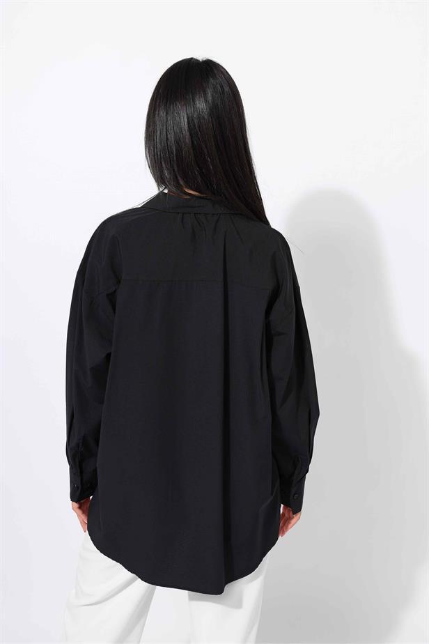 Women's Hidden Button Shirt Black - STREETMODE™