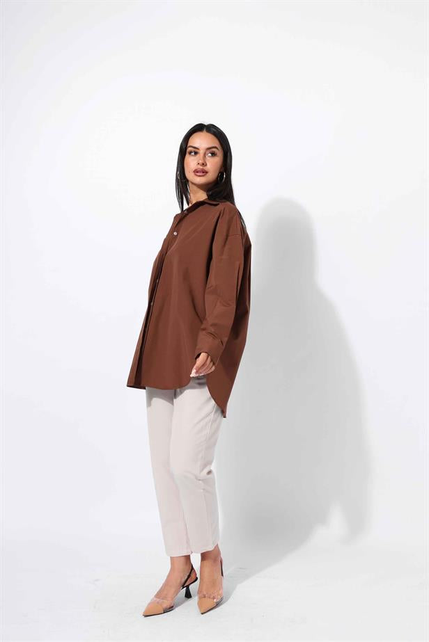 Women's Hidden Button Shirt Brown - STREETMODE™