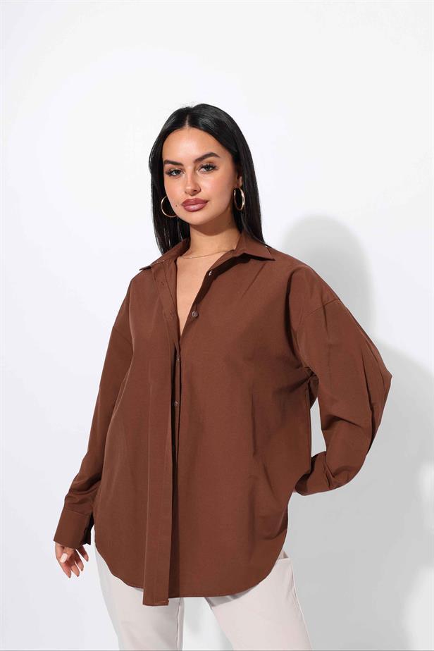 Women's Hidden Button Shirt Brown - STREETMODE™