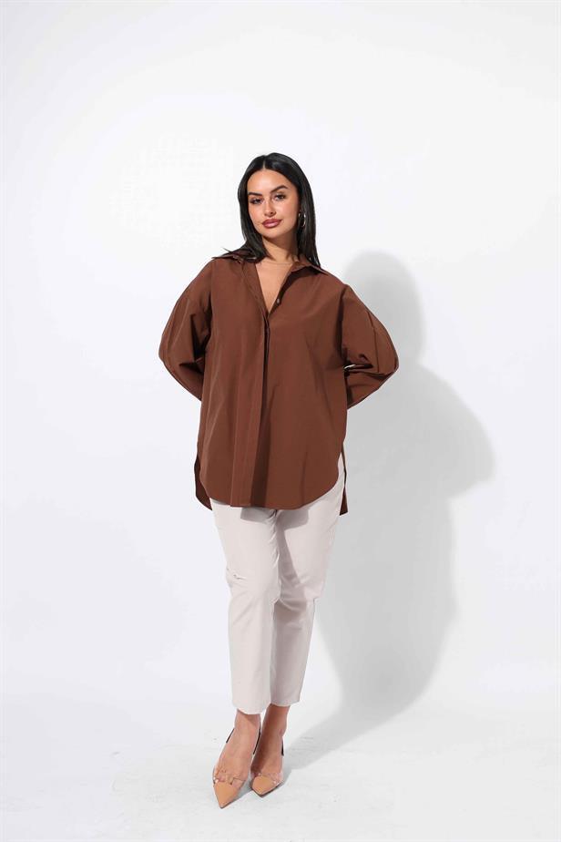 Women's Hidden Button Shirt Brown - STREETMODE™