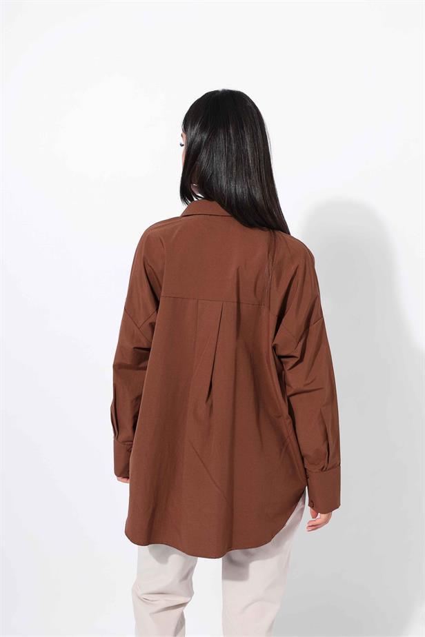 Women's Hidden Button Shirt Brown - STREETMODE™