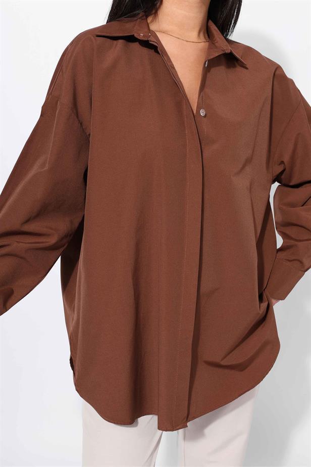 Women's Hidden Button Shirt Brown - STREETMODE™