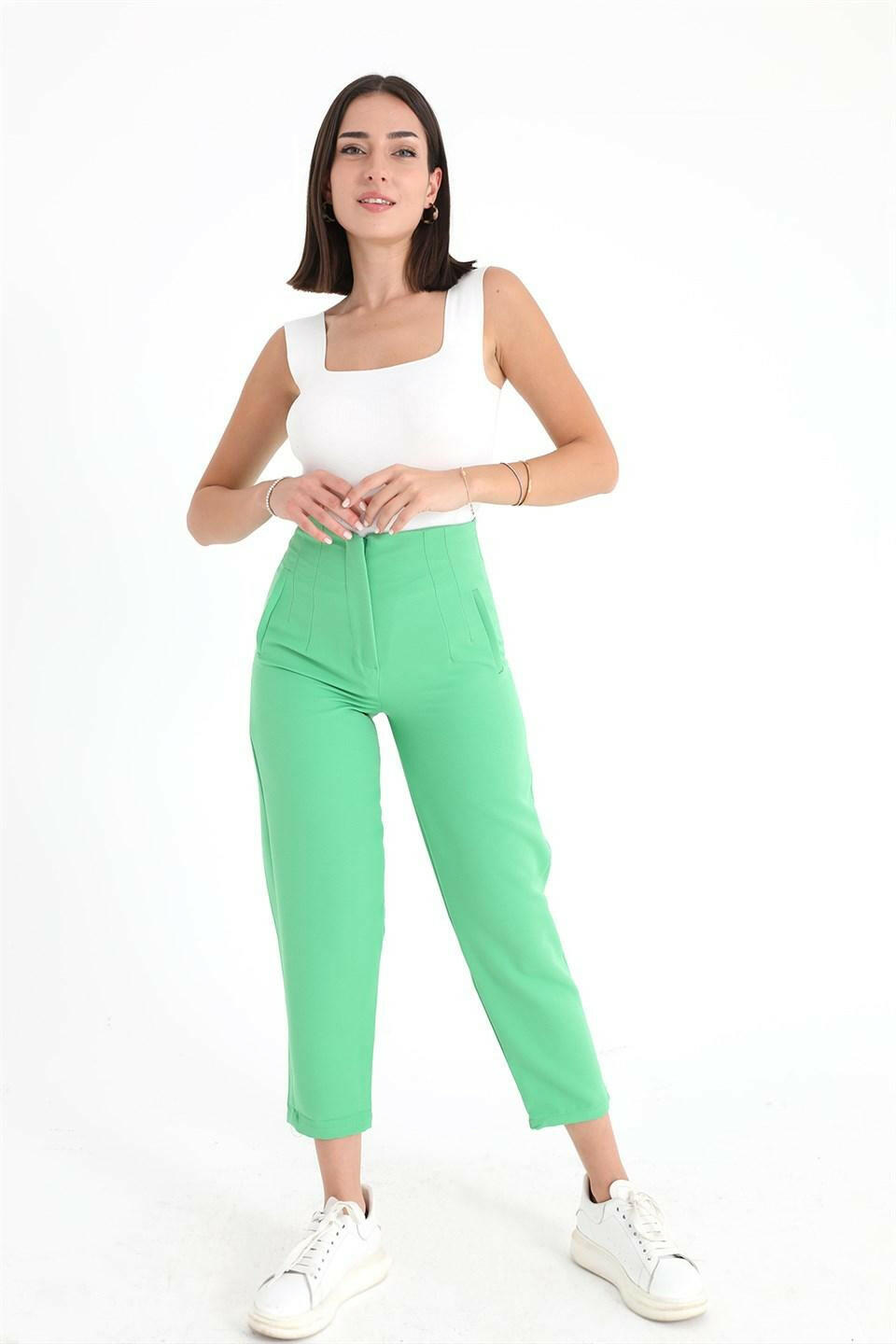 Women's High Waist Collared Atlas Fabric Trousers - Light Green - STREETMODE™ DE