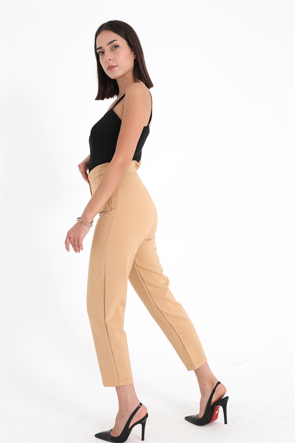 Women's High Waist Collared Atlas Fabric Trousers - Mink - STREETMODE™