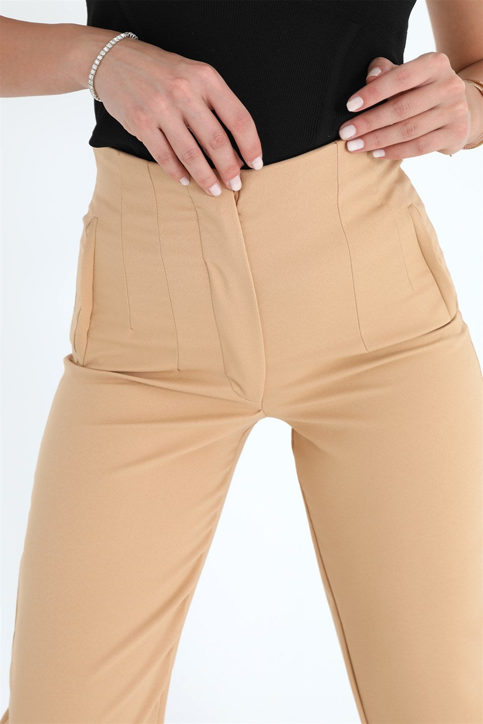 Women's High Waist Collared Atlas Fabric Trousers - Mink - STREETMODE™