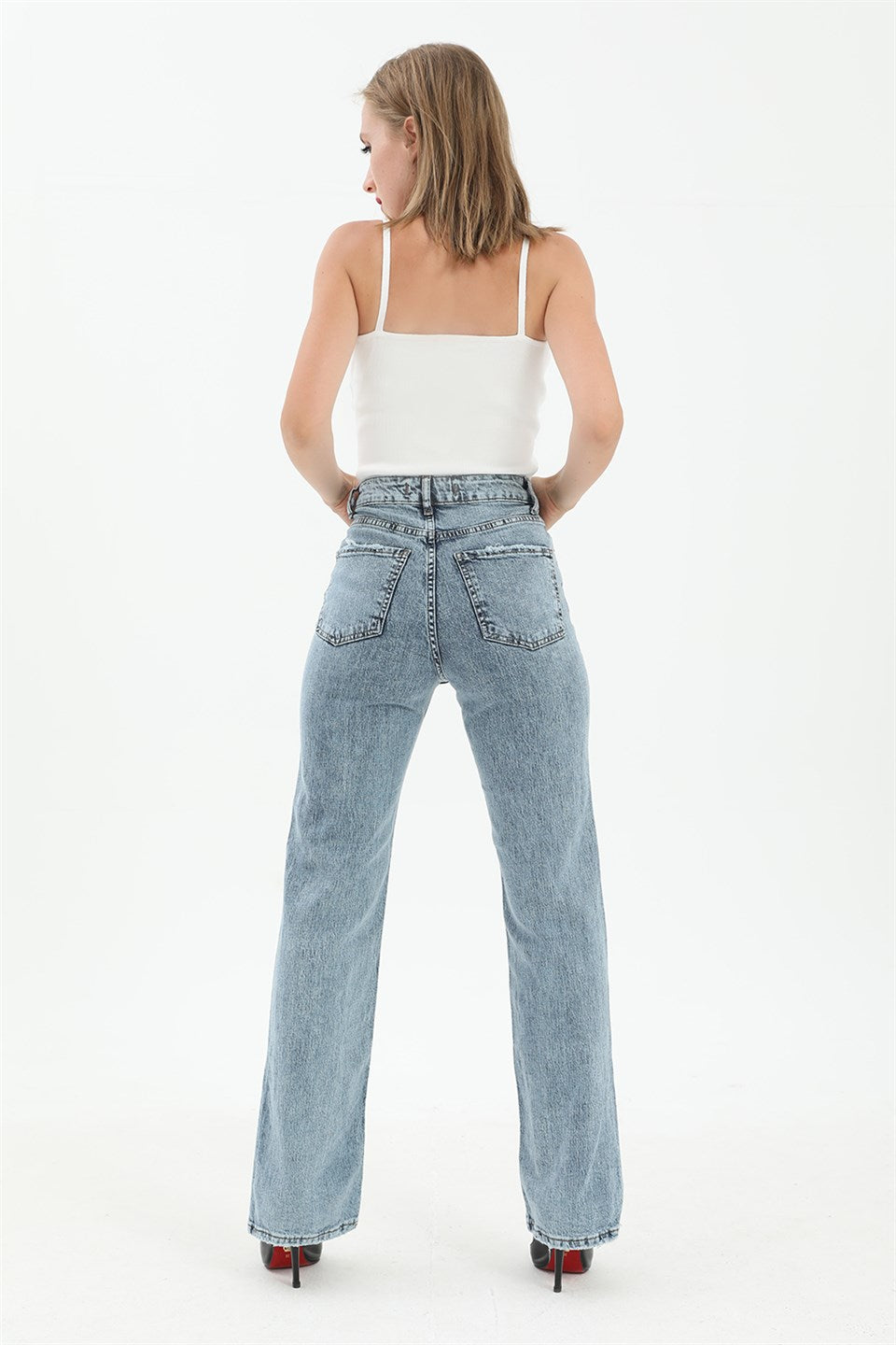 Women's High Waist Denim Pants with Back Pockets - Blue - STREETMODE™