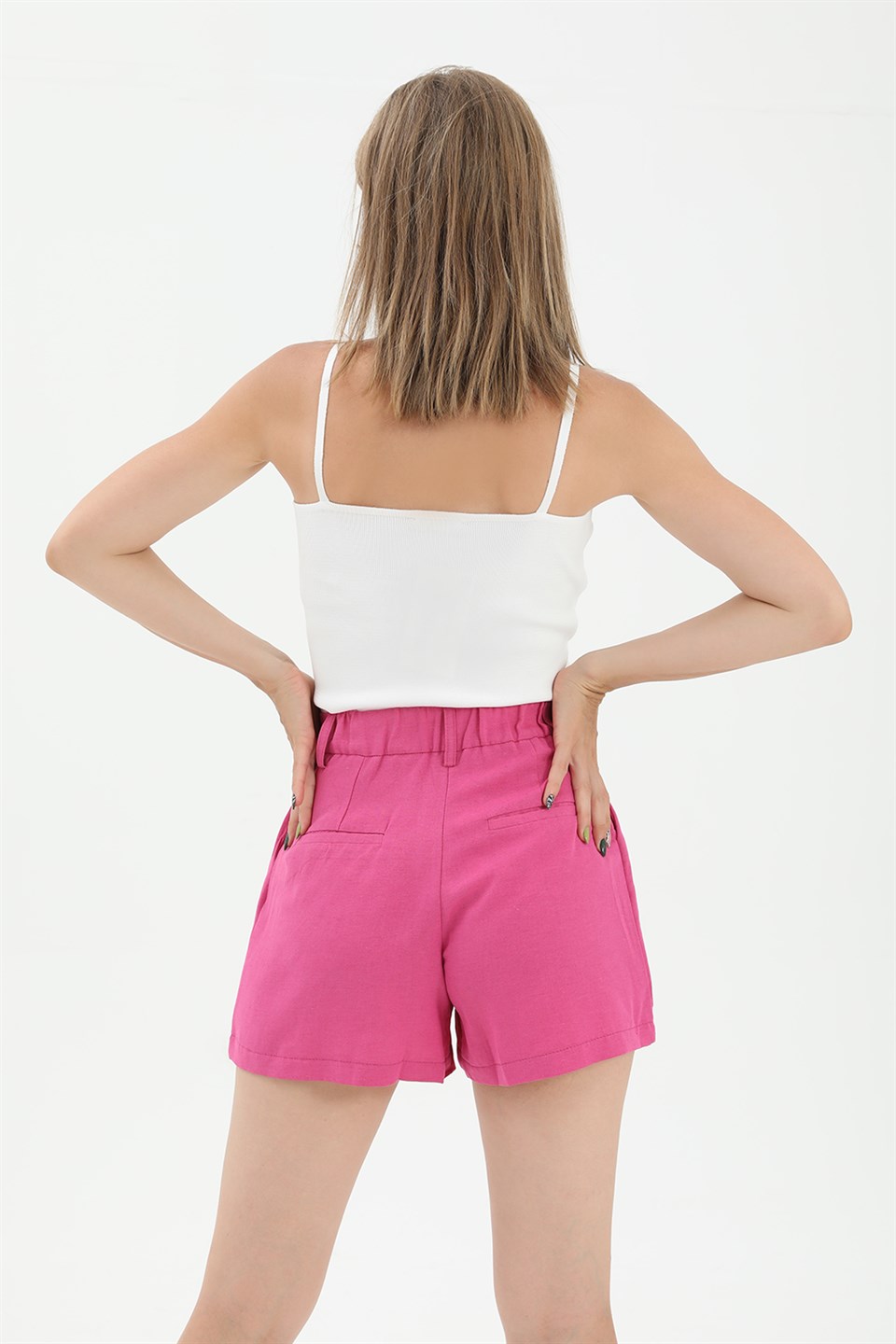 Women's High Waist Front Pleated Elastic Back Waist Linen Shorts - Fuchsia - STREETMODE™