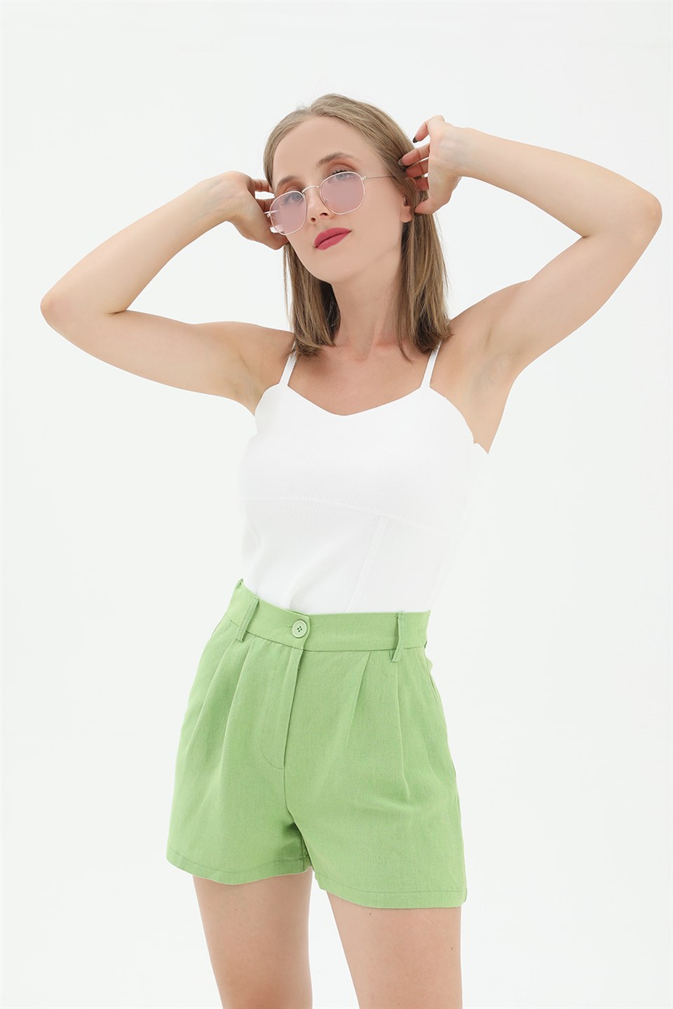 Women's High Waist Front Pleated Elastic Back Waist Linen Shorts - Green - STREETMODE™