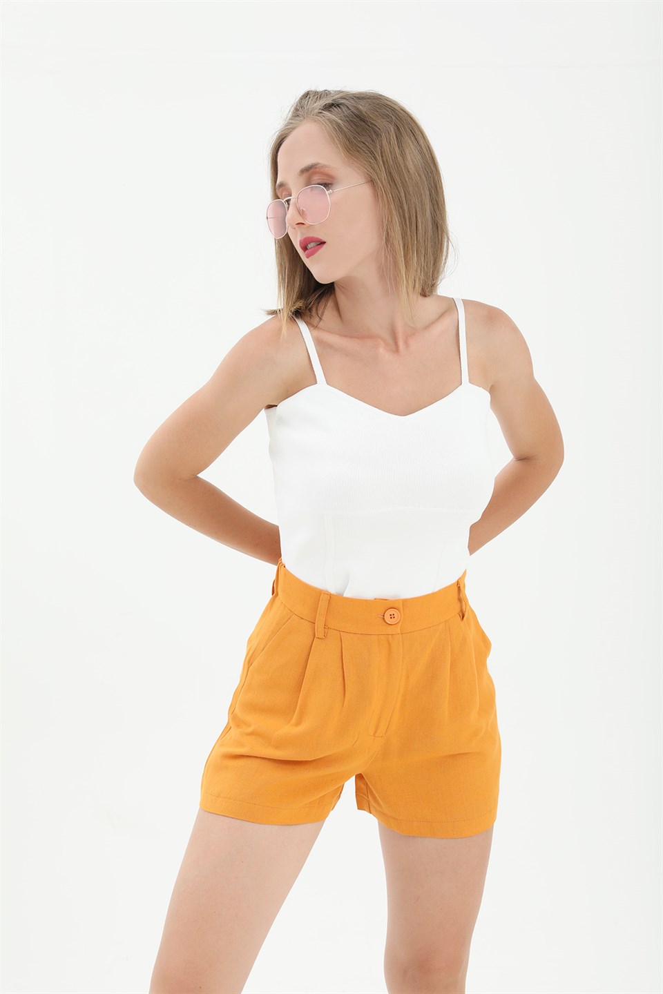 Women's High Waist Front Pleated Elastic Back Waist Linen Shorts - Orange - STREETMODE™
