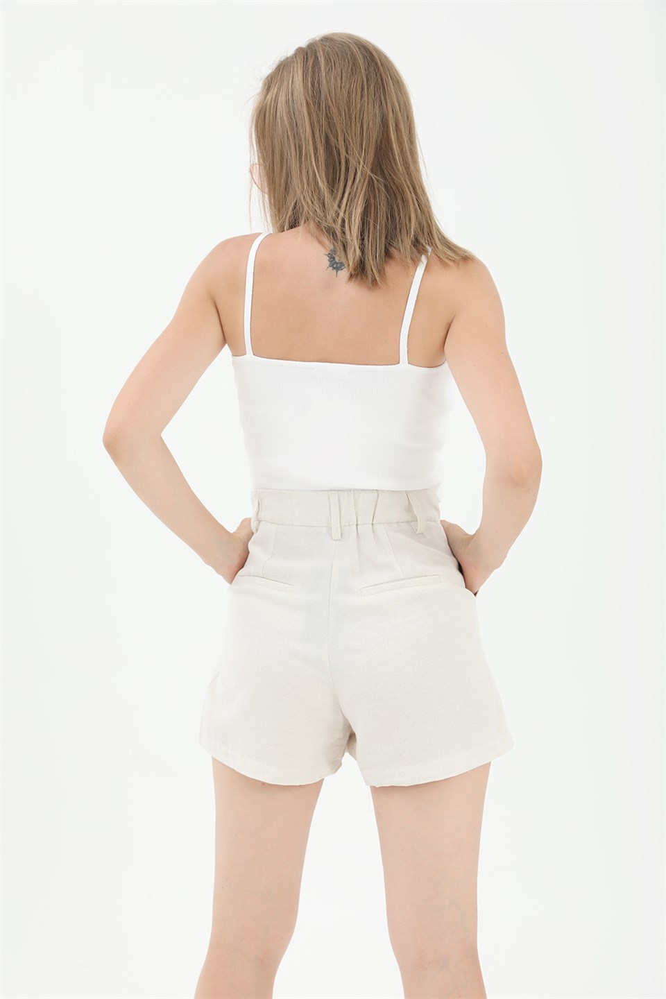 Women's High Waist Front Pleated Elastic Back Waist Linen Shorts - Stone - STREETMODE™