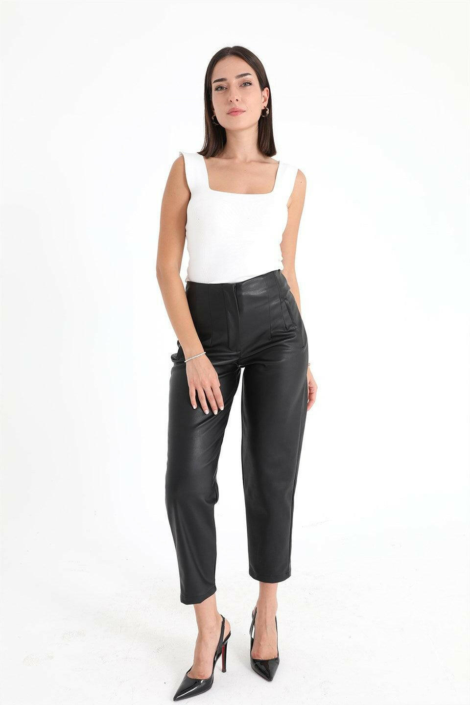 Women's High Waist Leather Pants - Black - STREETMODE™ DE