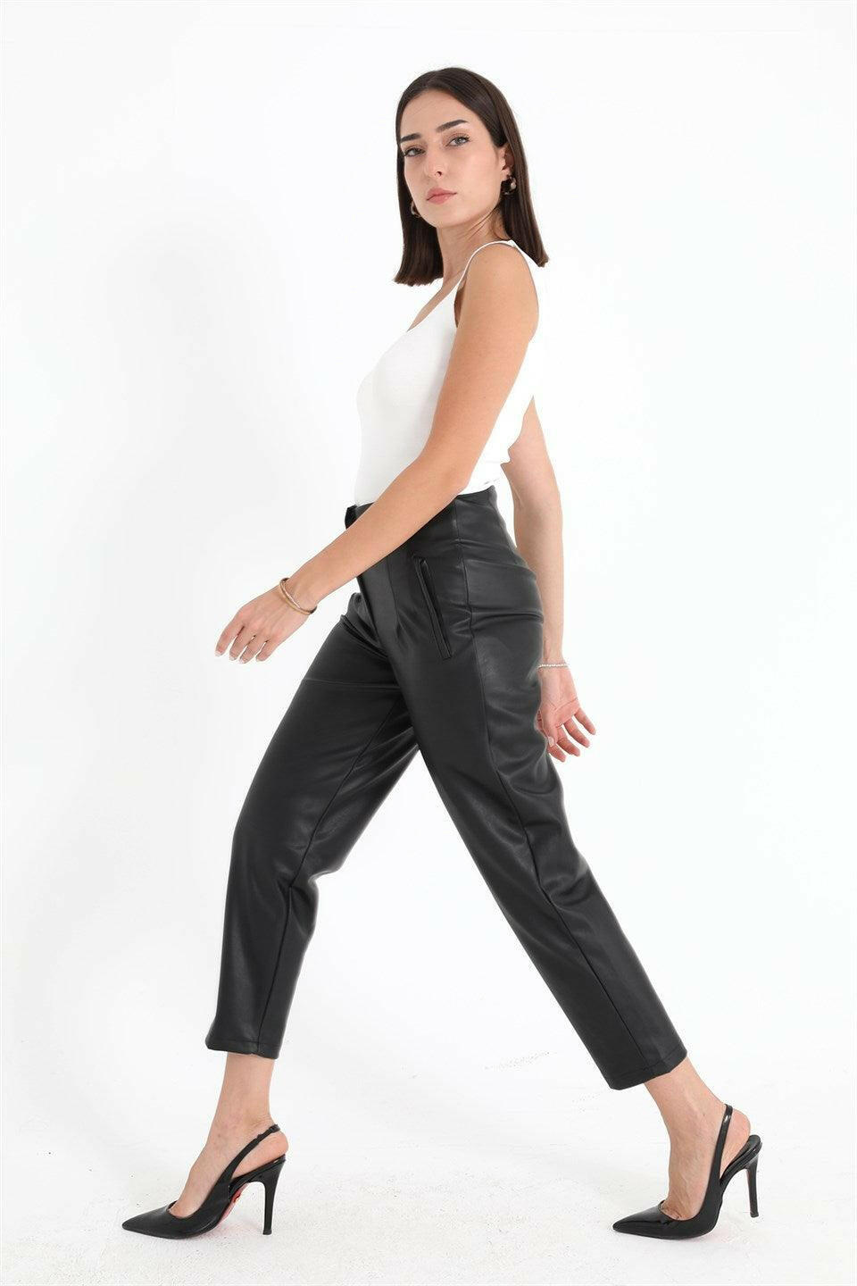 Women's High Waist Leather Pants - Black - STREETMODE™ DE