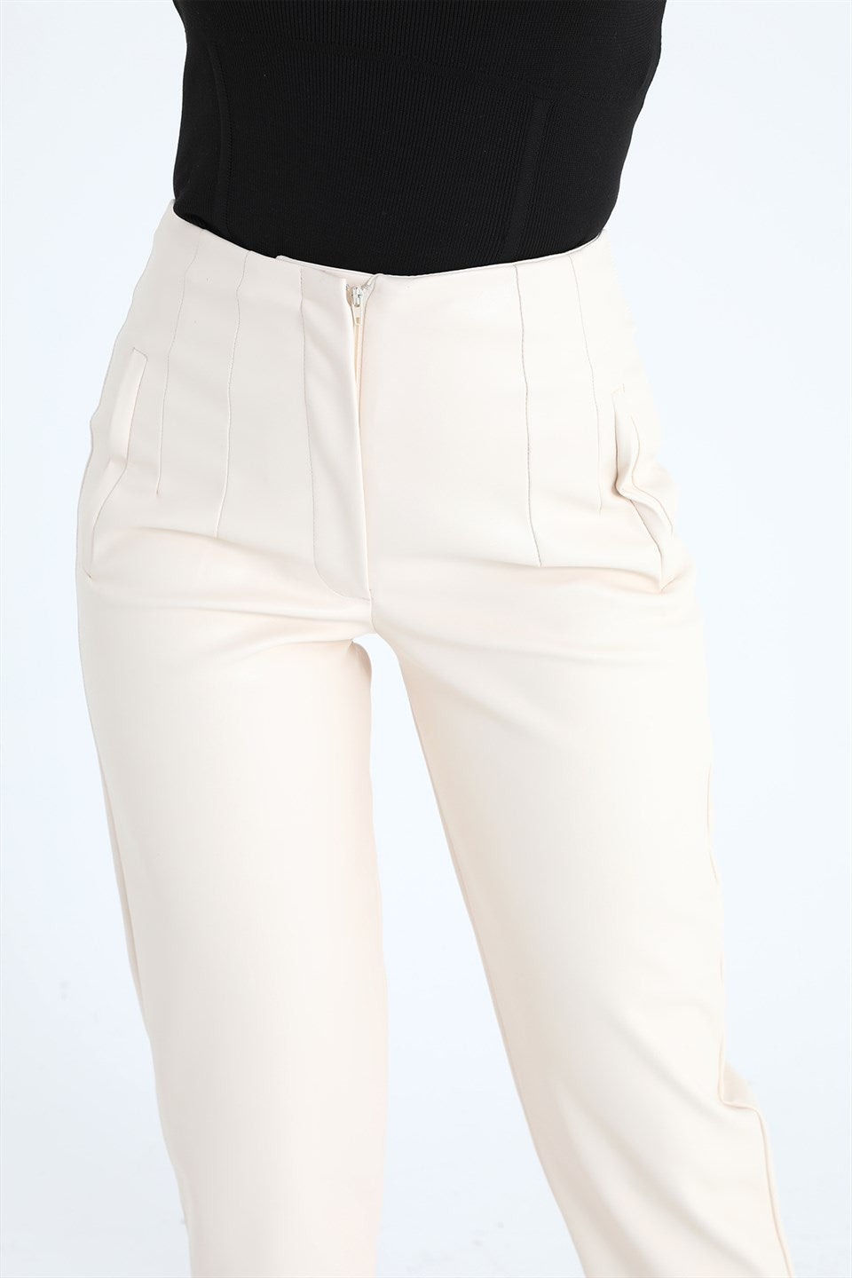 Women's High Waist Leather Pants - Ecru - STREETMODE™