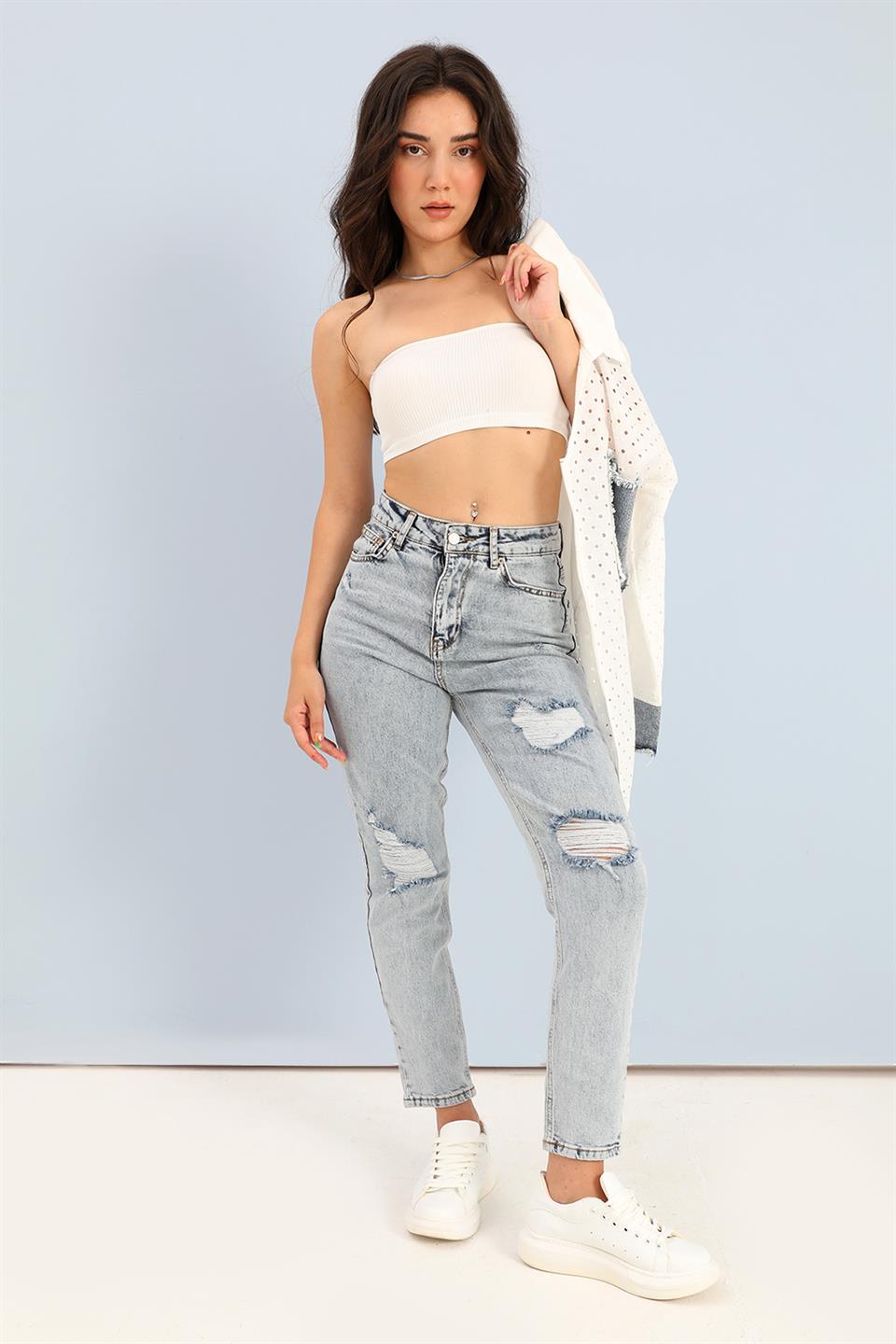 Women's High Waist Ripped Detail Jeans - Ice Blue - STREETMODE™