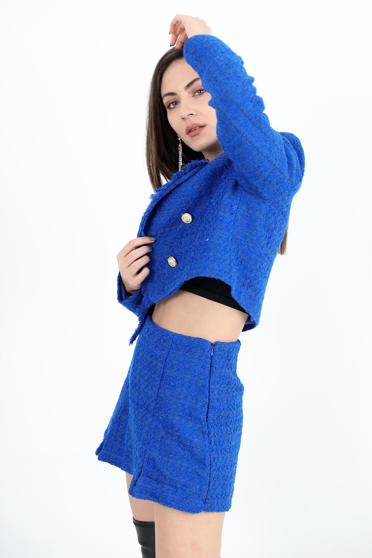 Women's High Waist Side Zipper Chanel Fabric Short Skirt - Sax Blue - STREETMODE™