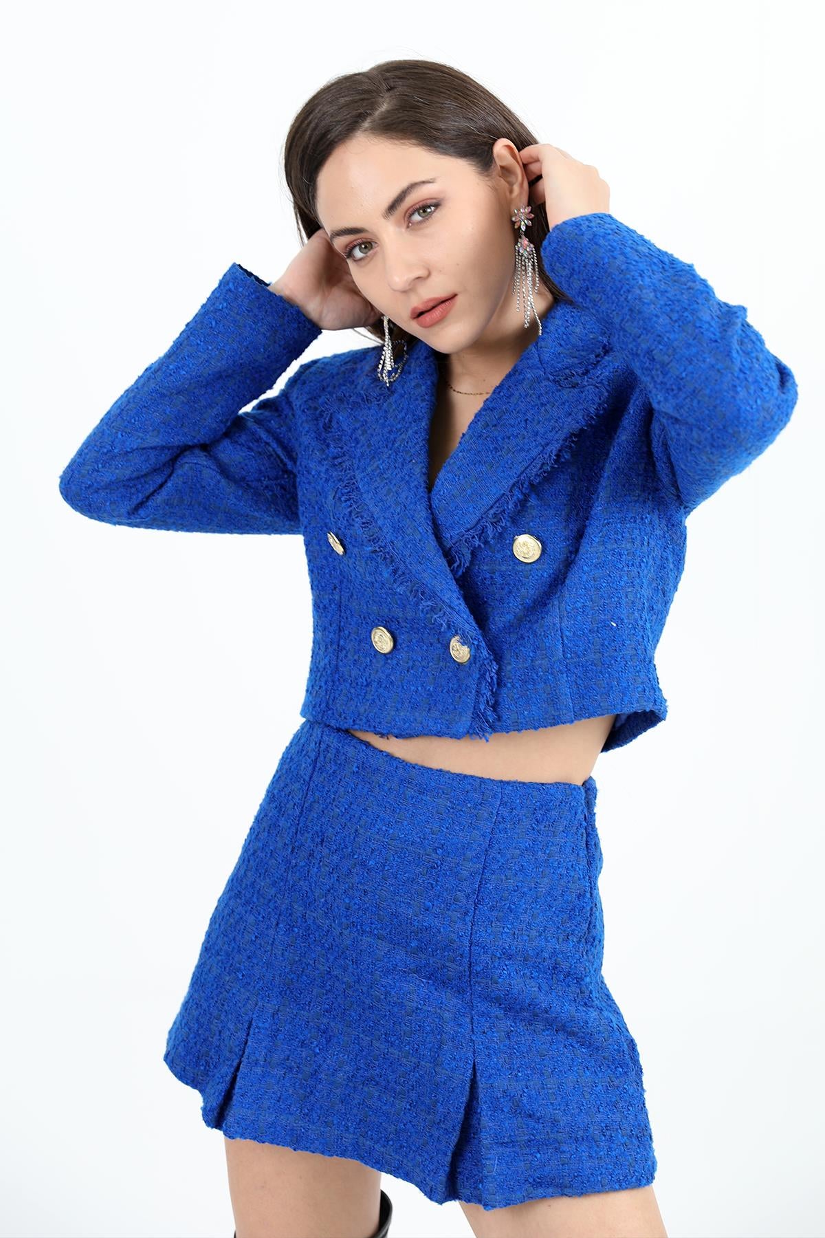 Women's High Waist Side Zipper Chanel Fabric Short Skirt - Sax Blue - STREETMODE™
