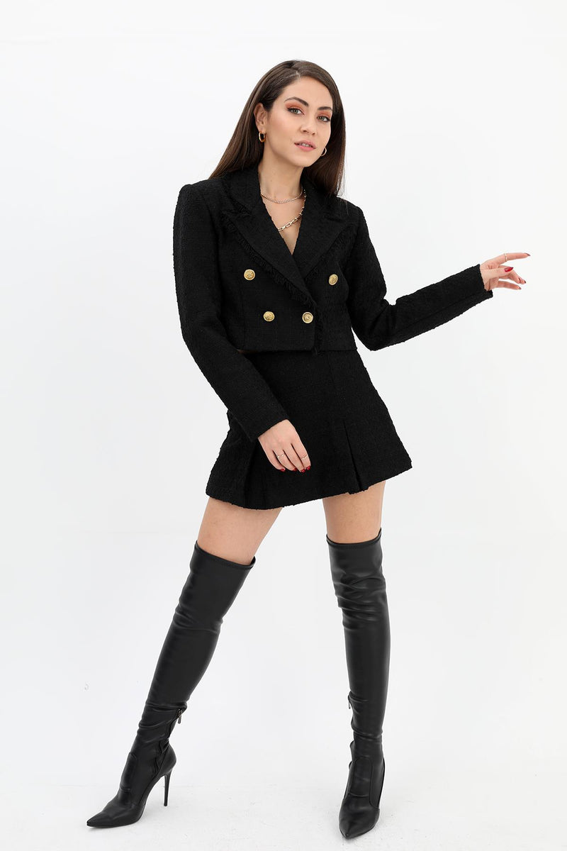 Women's High Waist Side Zipper Chanel Fabric Shorts Skirt - Black - STREETMODE™