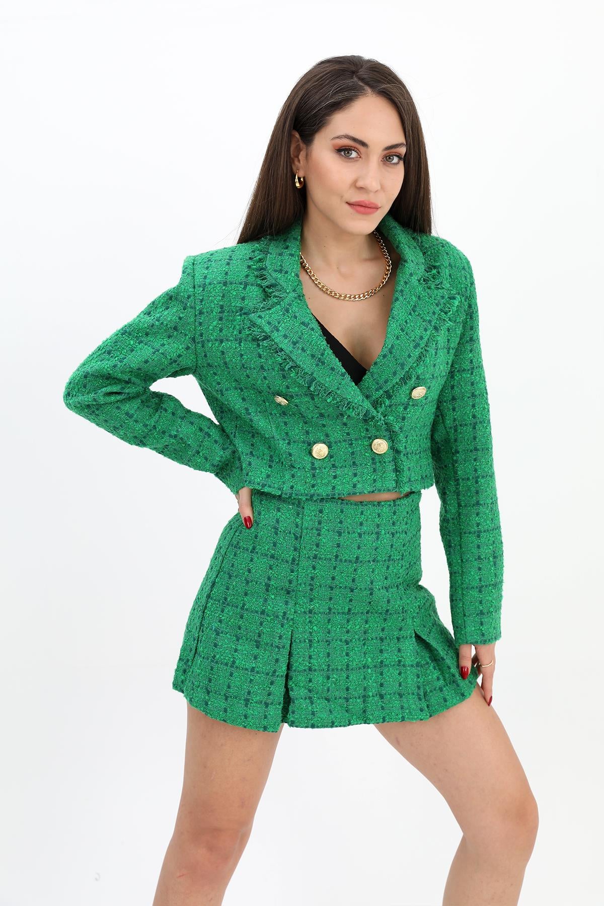 Women's High Waist Side Zipper Chanel Fabric Shorts Skirt - Green - STREETMODE™