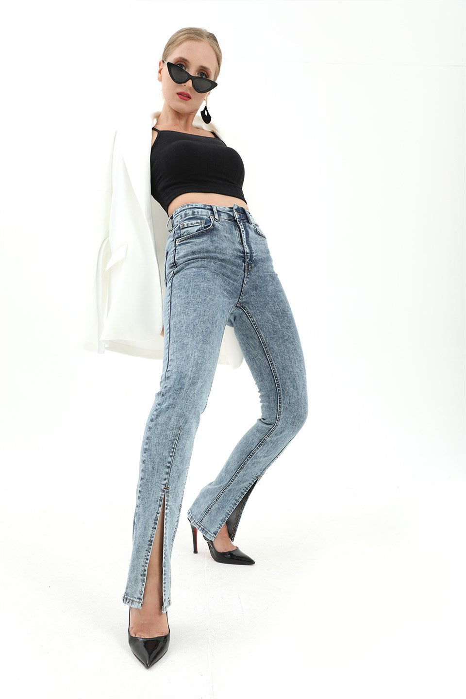 Women's High Waist Slit Lycra Denim Trousers - Blue - STREETMODE™
