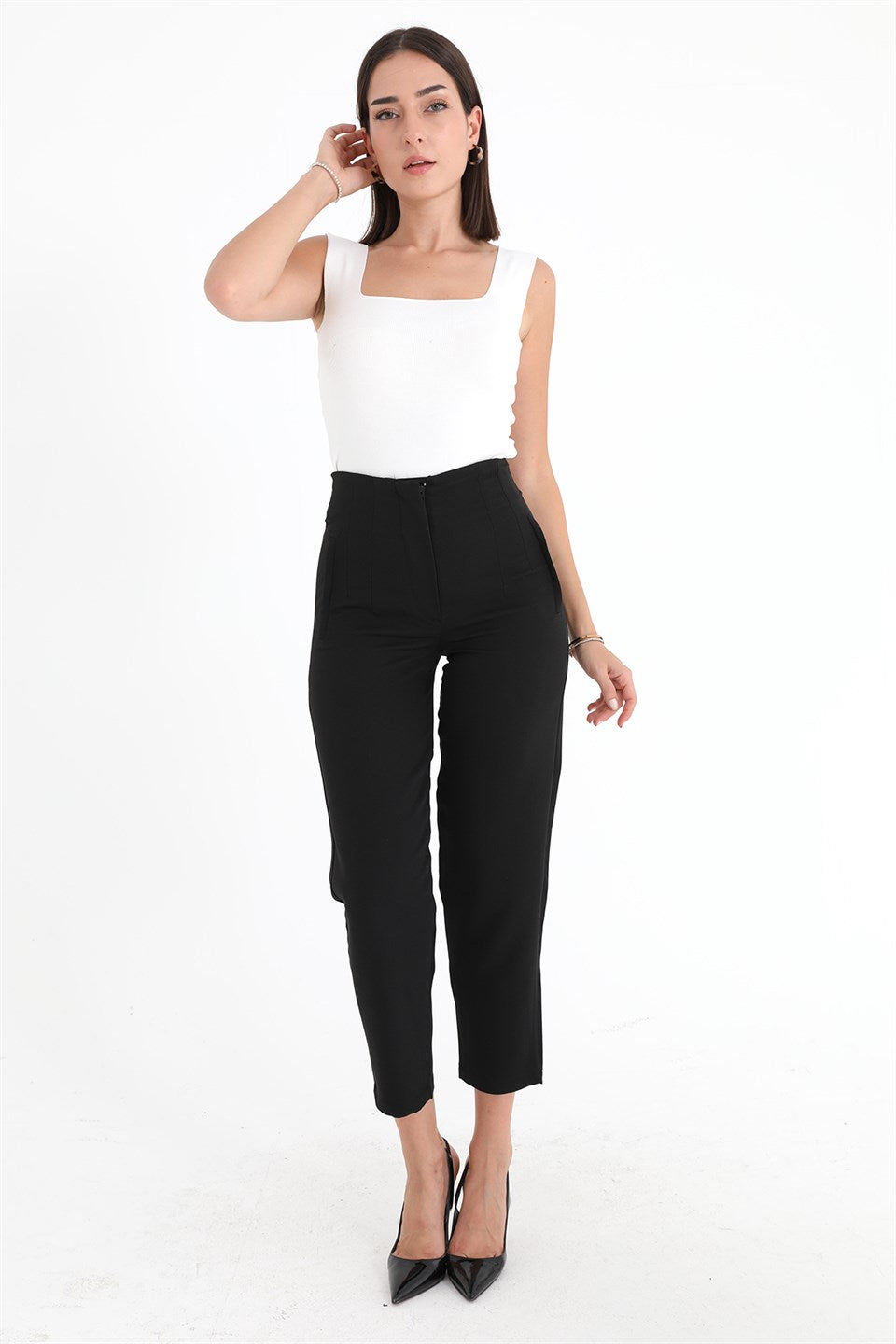 Women's High Waist Stretched Atlas Fabric Trousers - Black - STREETMODE™