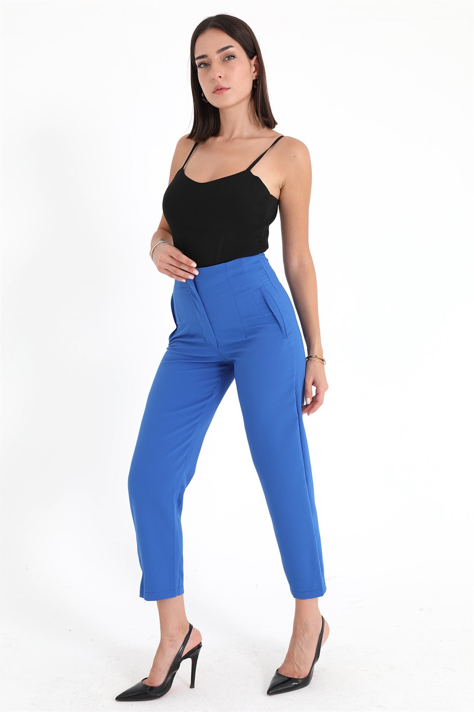 Women's High Waist Stretched Atlas Fabric Trousers - Sax Blue - STREETMODE™