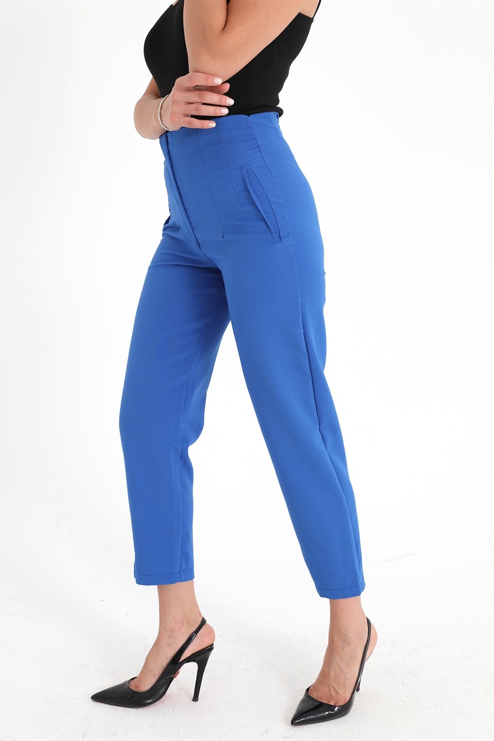Women's High Waist Stretched Atlas Fabric Trousers - Sax Blue - STREETMODE™