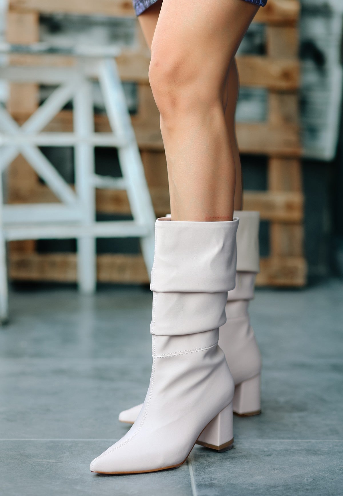 Women's İdox Beige Leather Heeled Boots - STREETMODE™