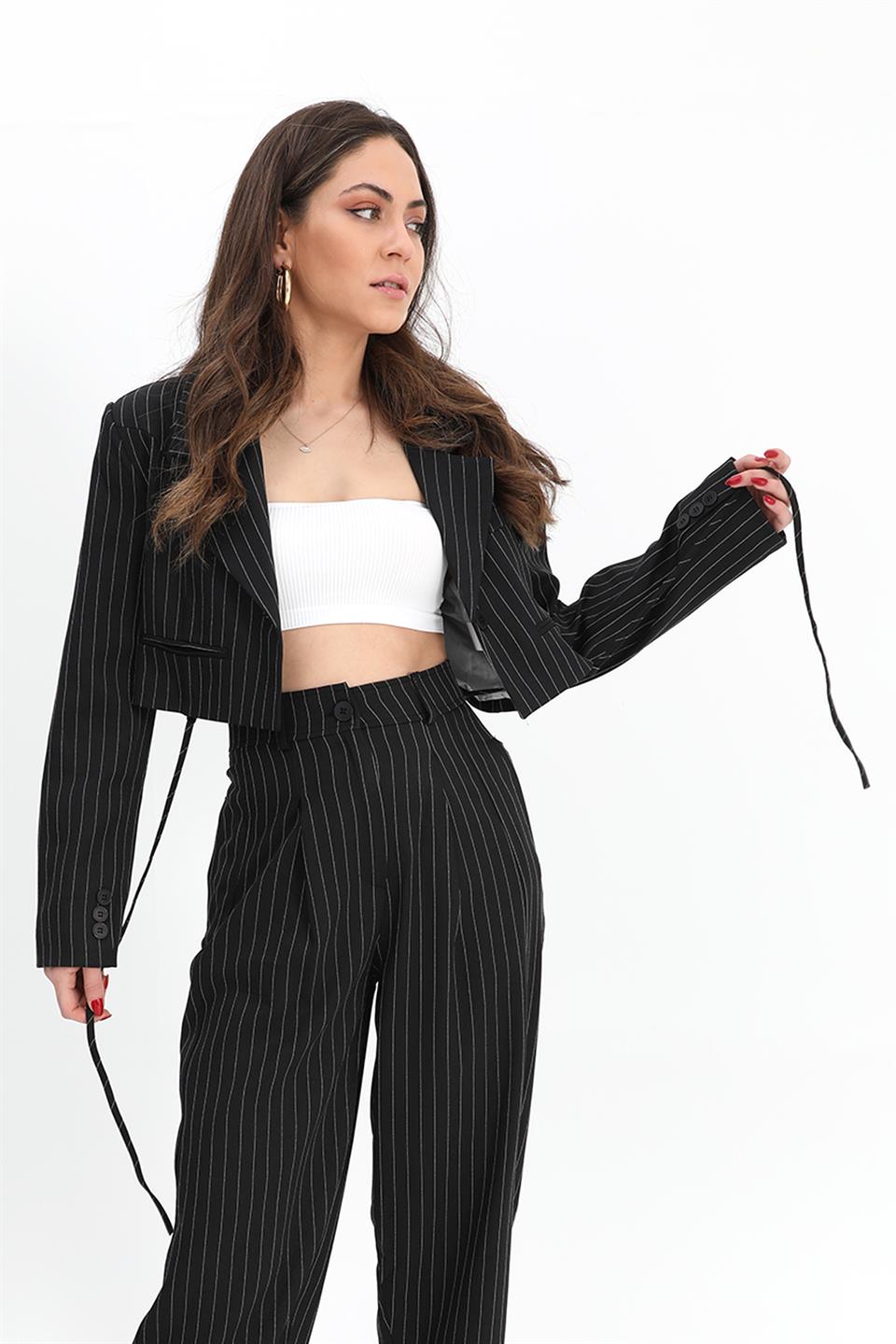 Women's Jacket Short Waistband Fleto Pocket Striped - Black - STREETMODE™