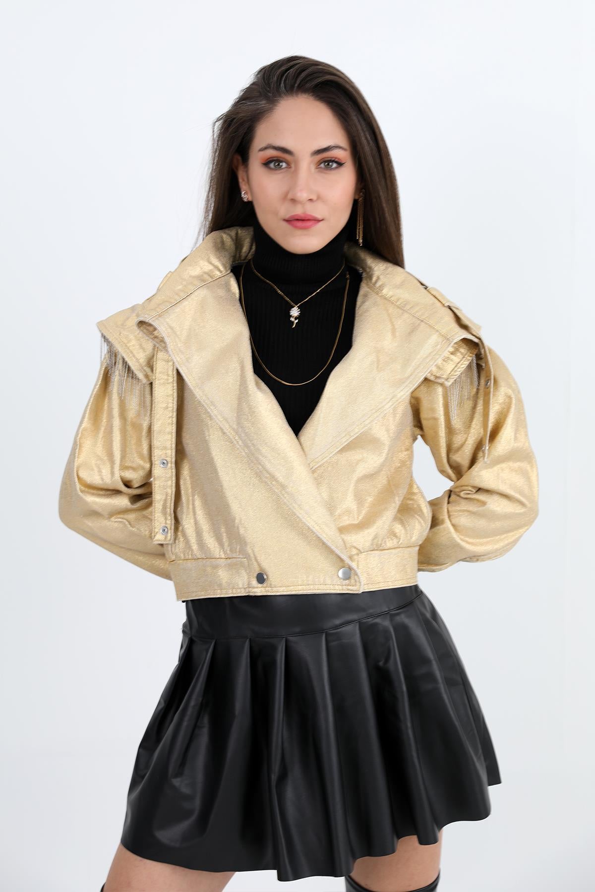 Women's Jacket Shoulders Chain Detailed Short Glitter - Gold - STREETMODE™