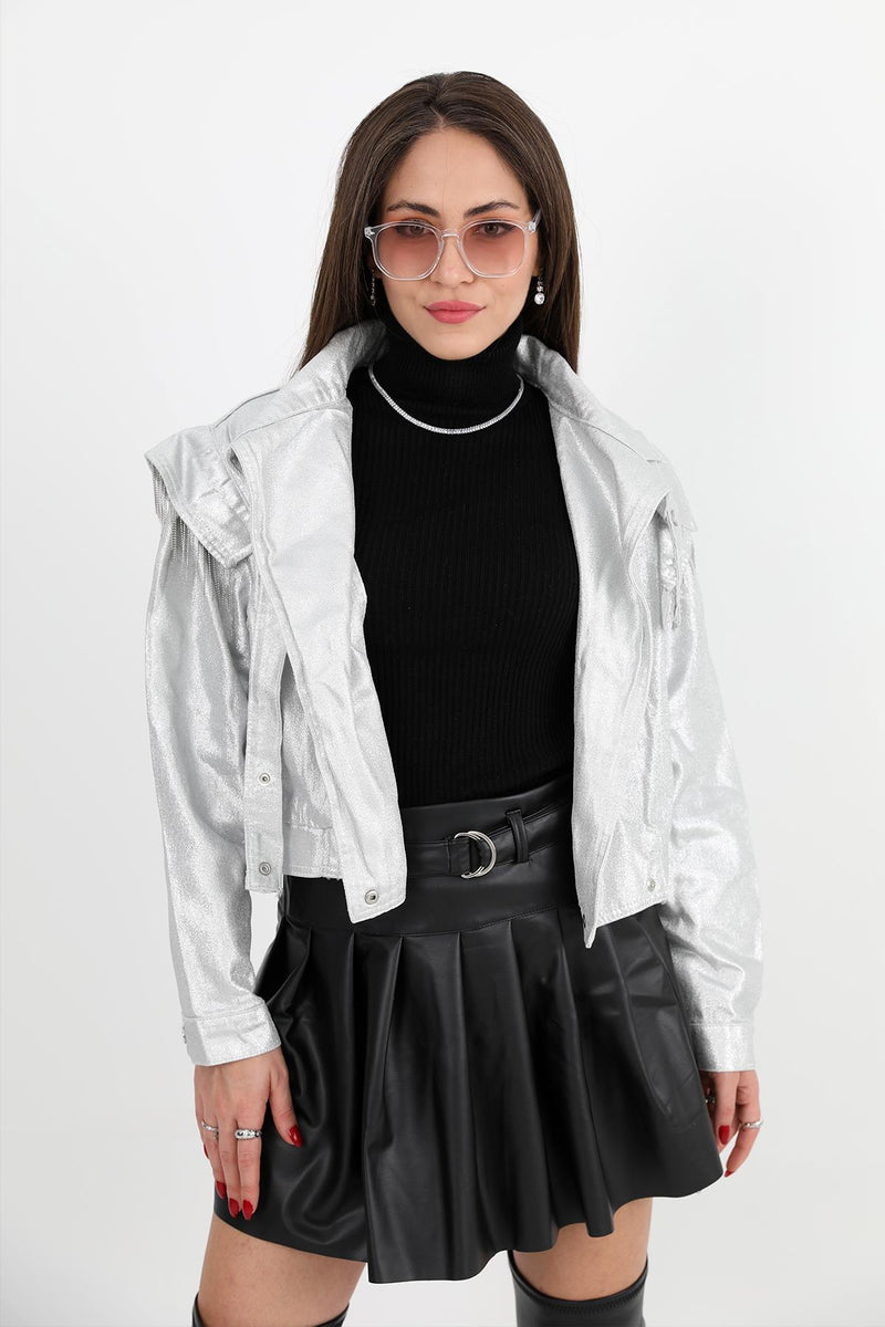 Women's Jacket Shoulders Chain Detailed Short Glitter - Silver - STREETMODE™