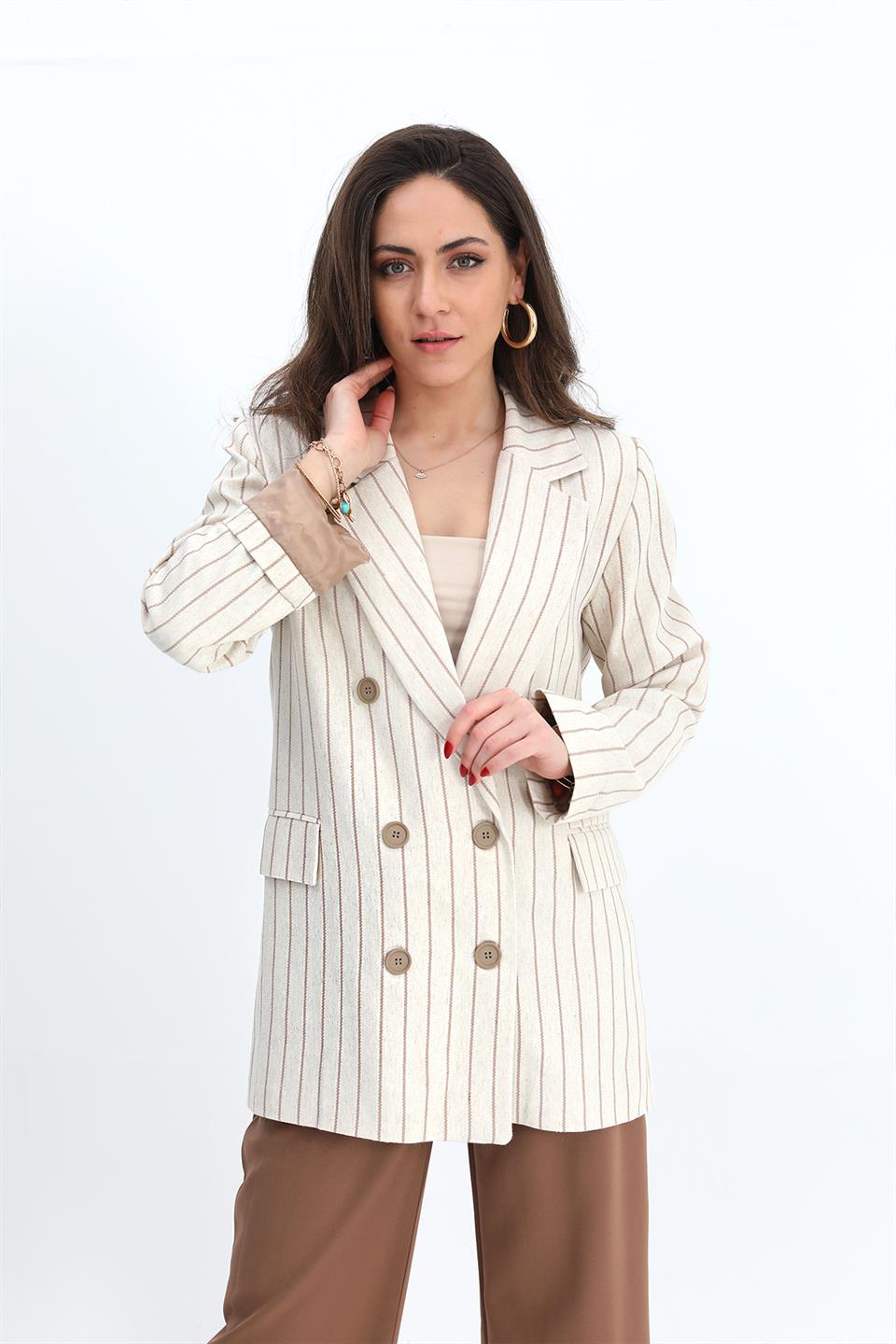 Women's Jacket Sleeve Garnish Striped Linen - Mink - STREETMODE™