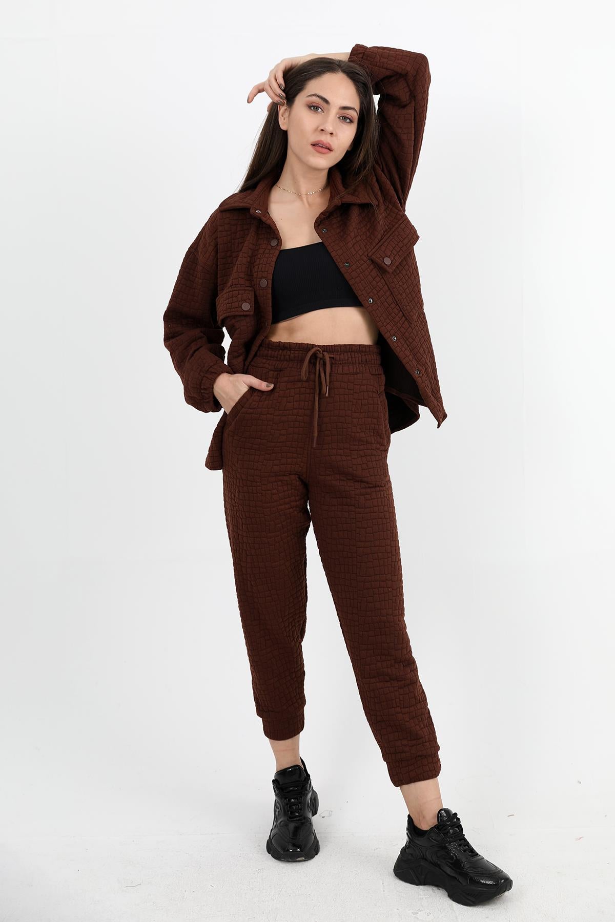 Women's Jacquard Quilted Double Set - Brown - STREETMODE™