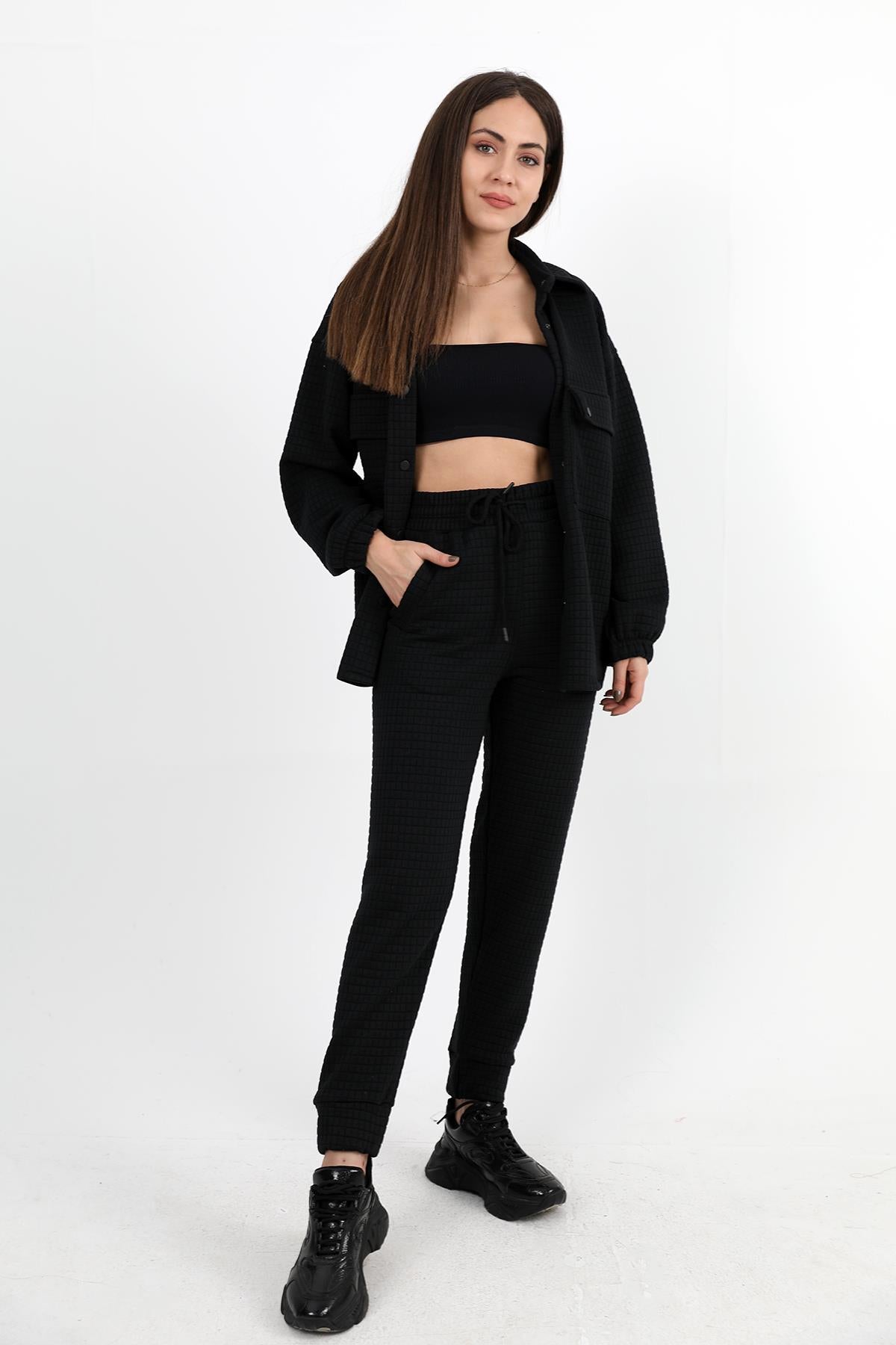 Women's Jacquard Quilted Two-piece Set - Black - STREETMODE™