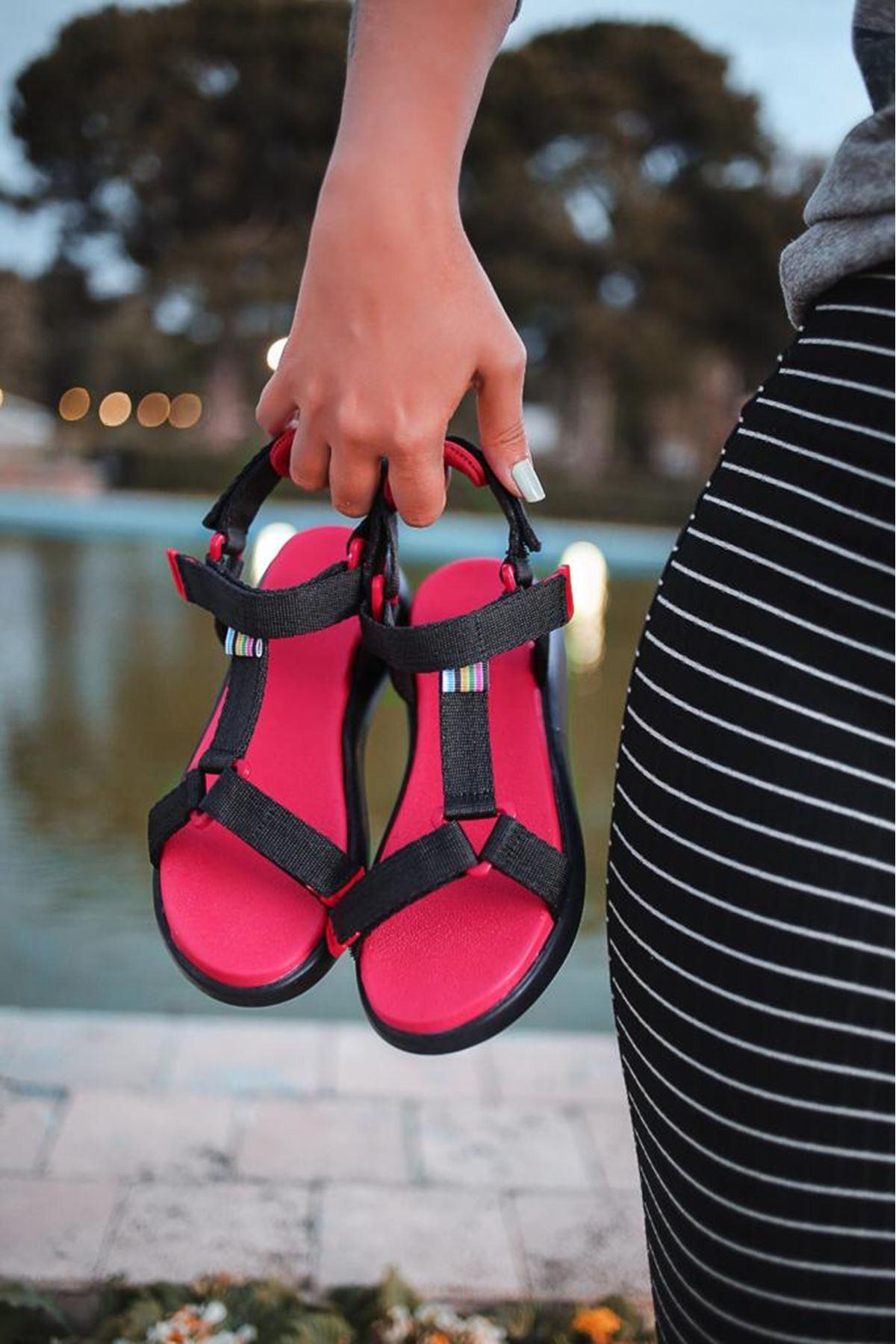 Women's Jeff Black-Red Velcro Sandals - STREETMODE™