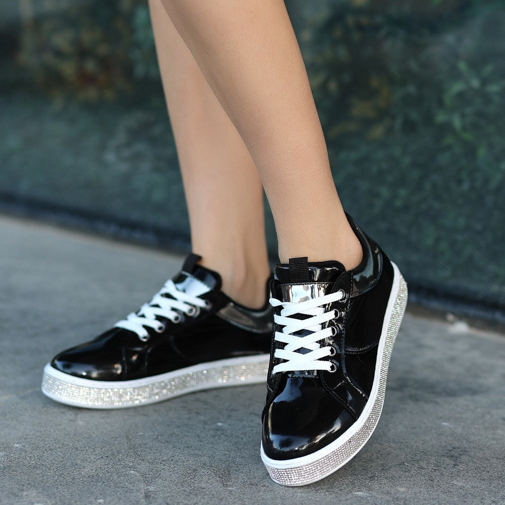 Women's Jeja Black Patent Leather Lace-Up Sports Shoes - STREETMODE™