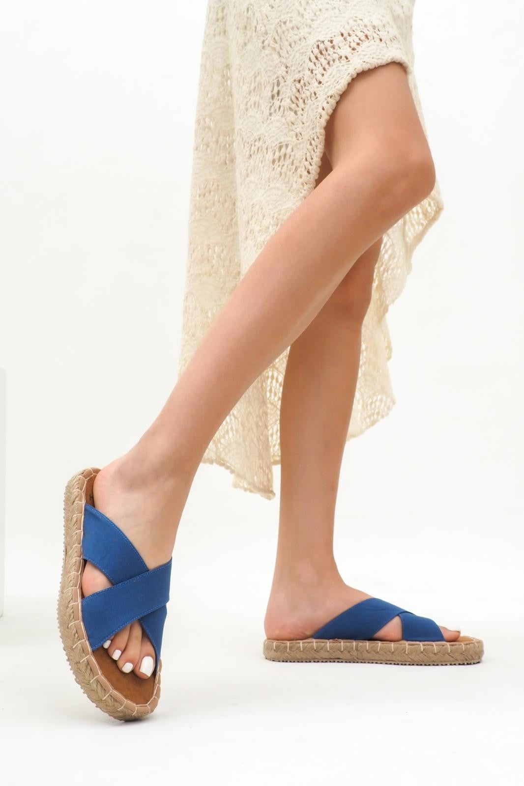 Women's Jinor Blue Linen Espadrille Slippers - STREETMODE™
