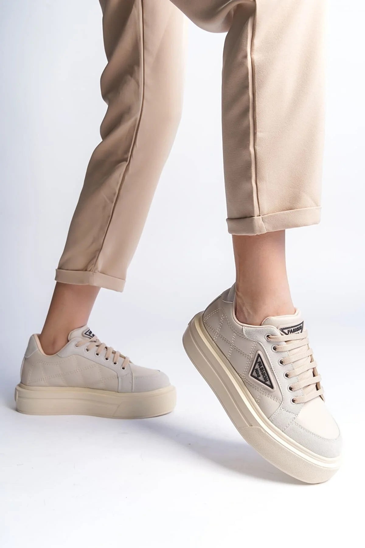 Women's Julya Beige Leather Laced Sports Shoes - STREETMODE™