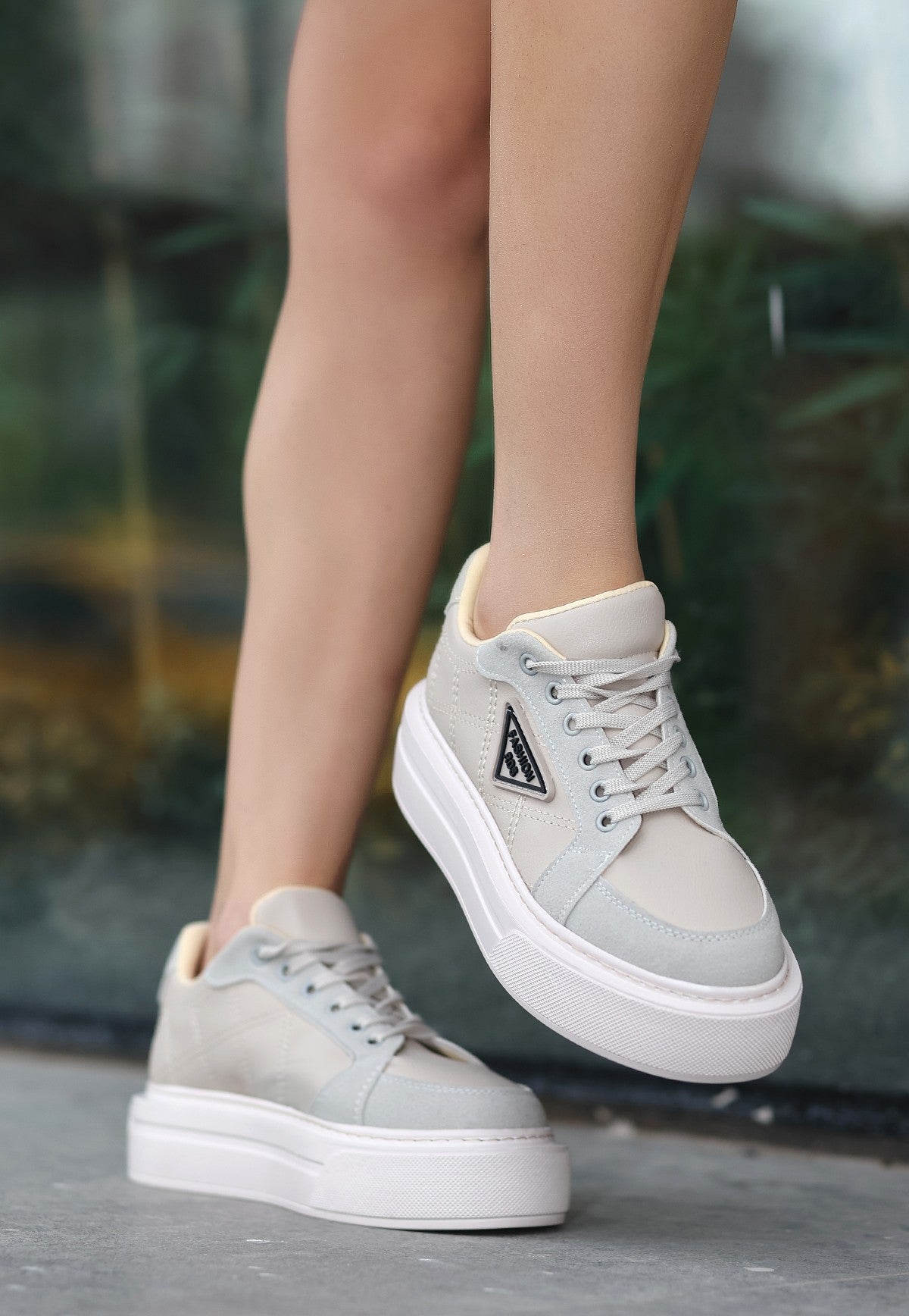 Women's Julya Beige Leather Laced Sports Shoes - STREETMODE™
