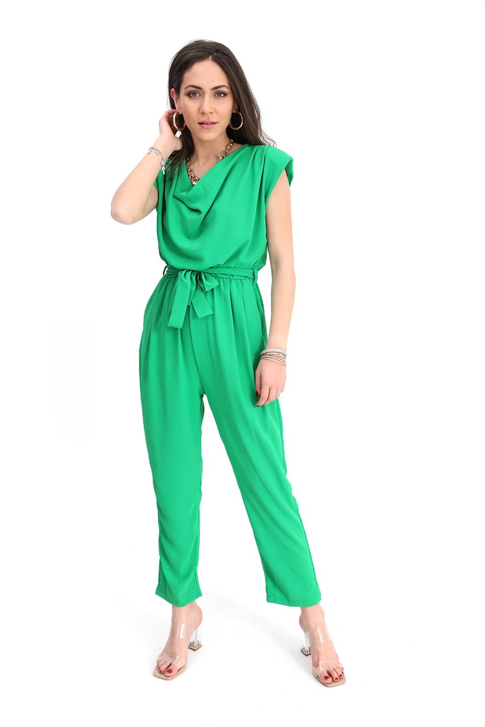 Women's Jumpsuit Degajeed Collar Shoulders Padded Belted - Green - STREETMODE™