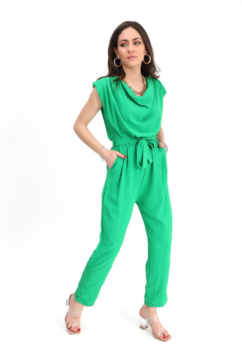 Women's Jumpsuit Degajeed Collar Shoulders Padded Belted - Green - STREETMODE™