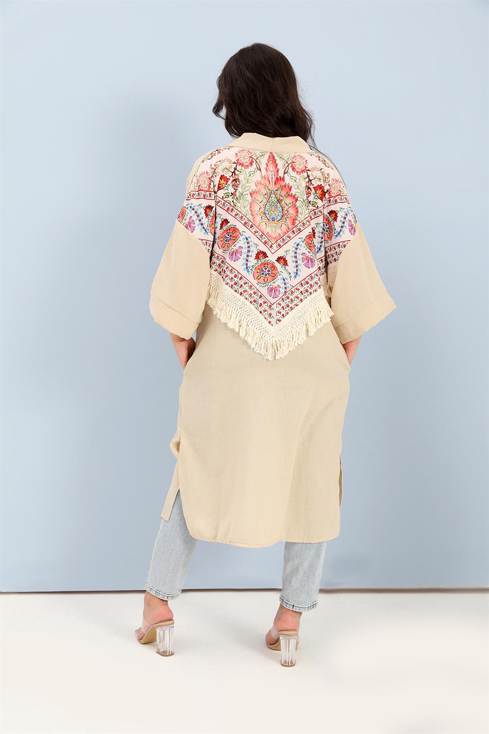 Women's Kimono Back Printed Fringed Linen - Beige - STREETMODE™