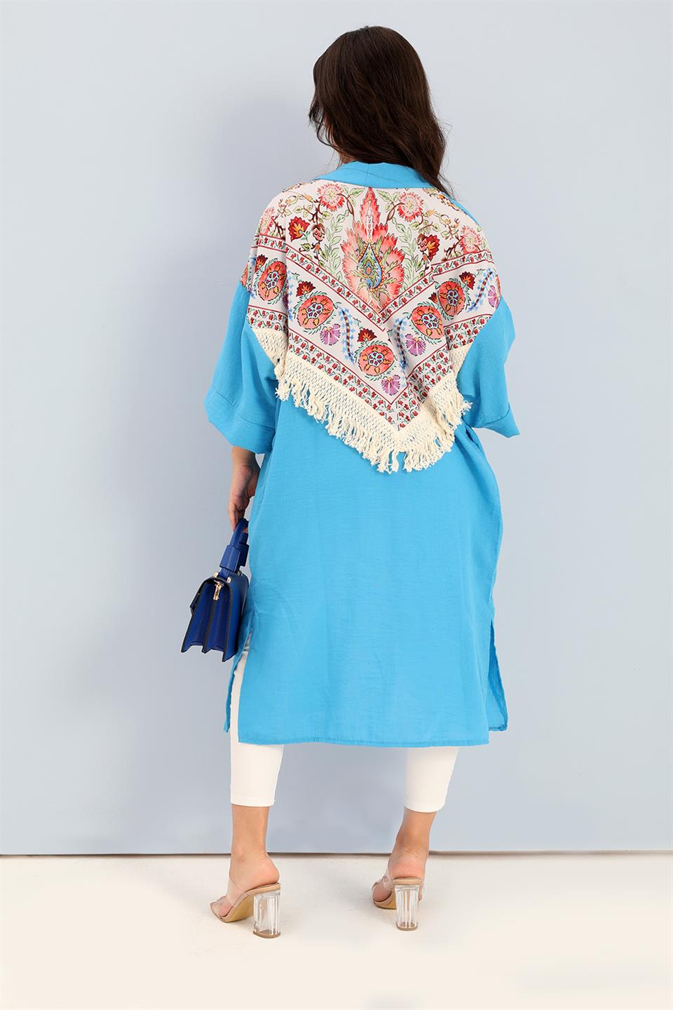 Women's Kimono Back Printed Fringed Linen - Blue - STREETMODE™