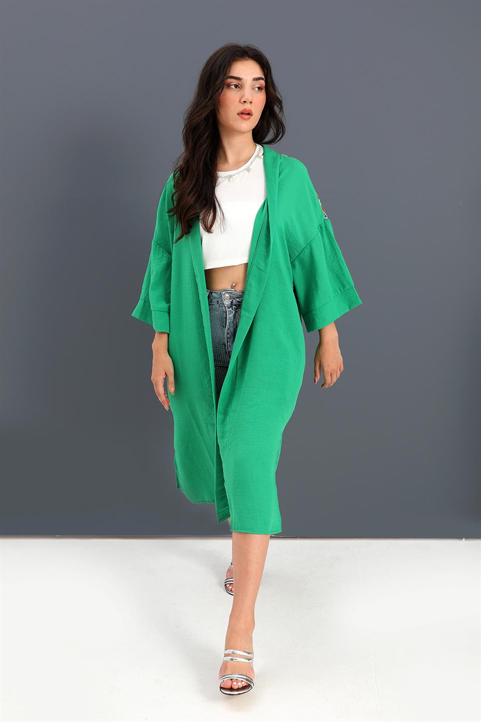 Women's Kimono Back Printed Fringed Linen - Green - STREETMODE™