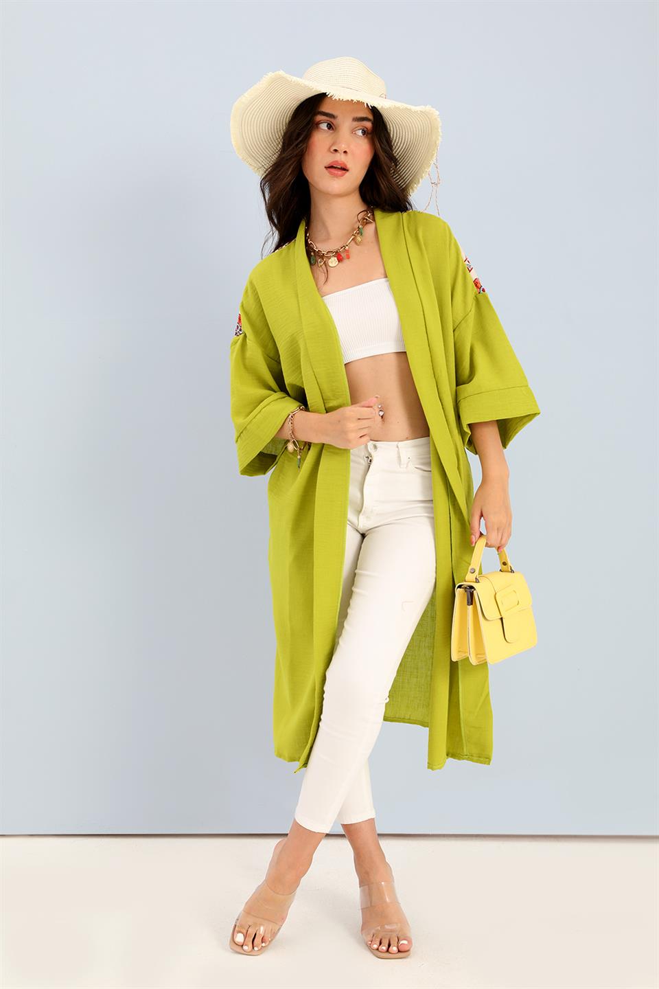 Women's Kimono Back Printed Fringed Linen - Light Green - STREETMODE™