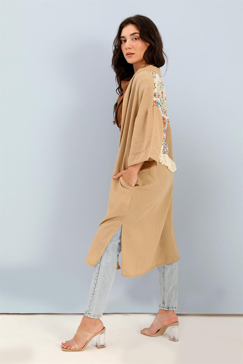 Women's Kimono Back Printed Fringed Linen - Mink - STREETMODE™
