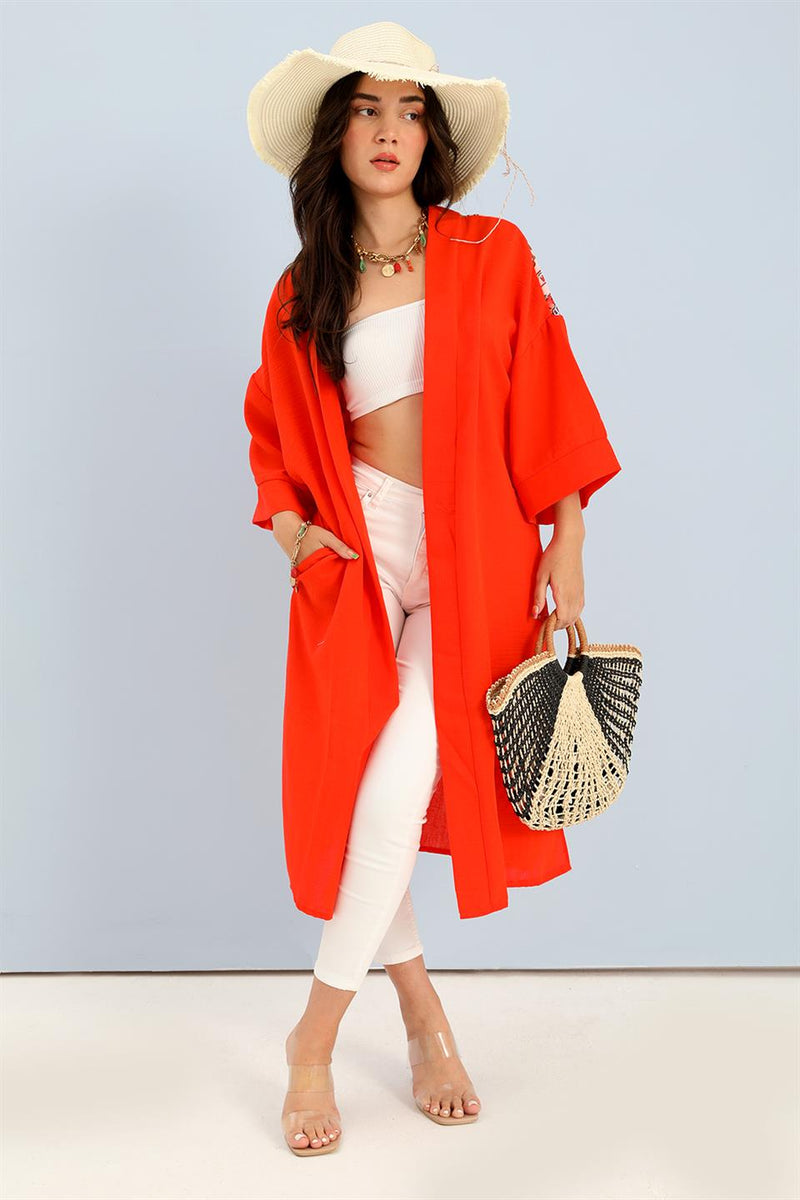 Women's Kimono Back Printed Fringed Linen - Orange - STREETMODE™