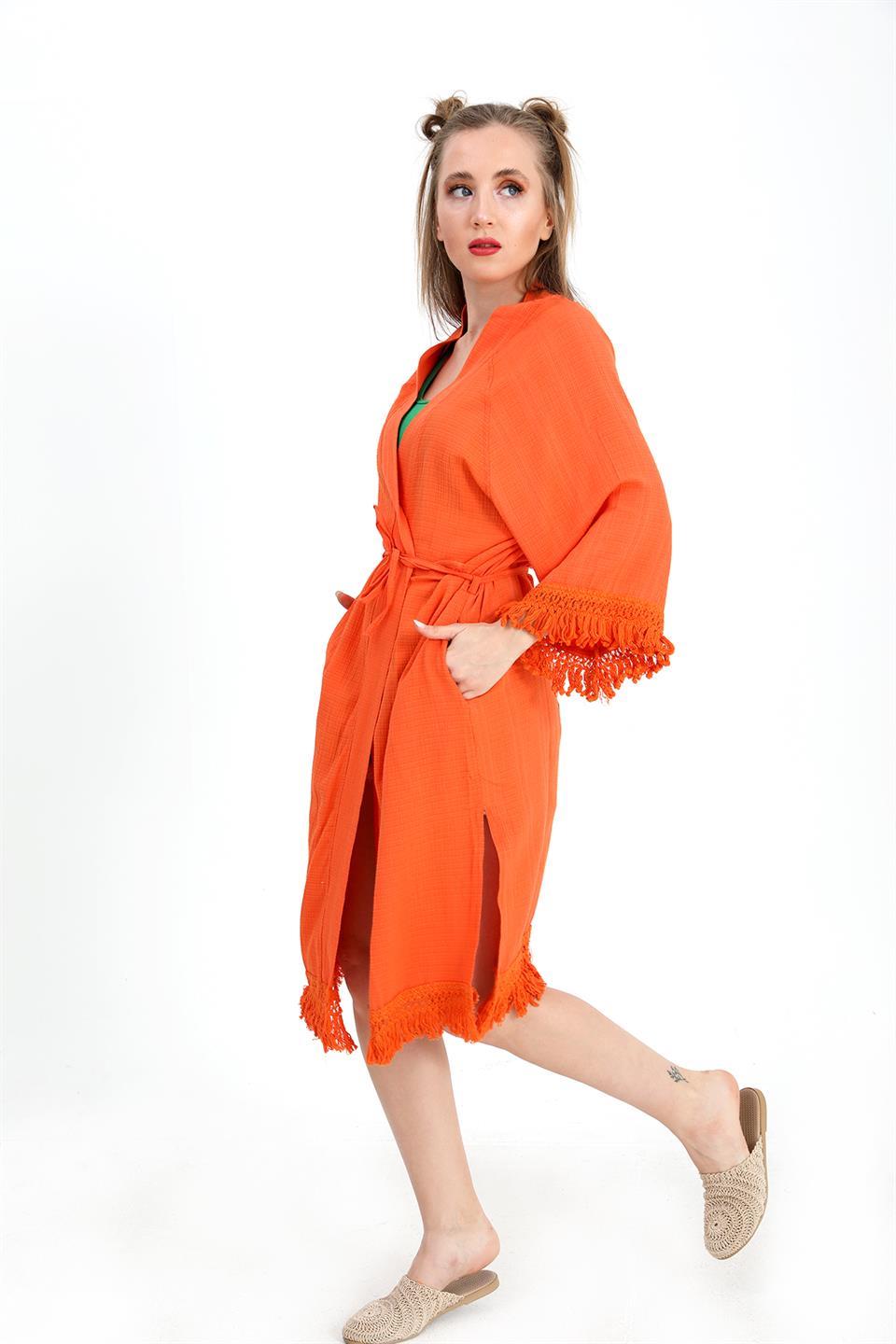 Women's Kimono Palm Printed Tassels - Orange - STREETMODE™