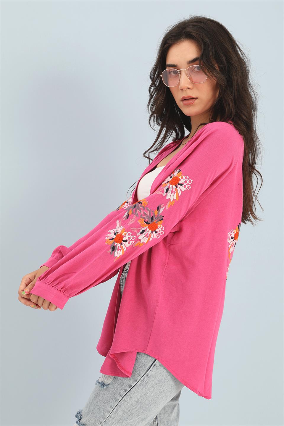 Women's Kimono Raglan Sleeve Embroidered Linen - Fuchsia - STREETMODE™